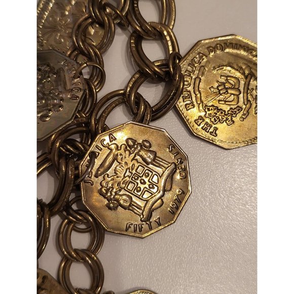 Vintage Multichain Brass Necklace DOMINICAN REPUBLIC JAMAICA coins collectible - Picture 4 of 9